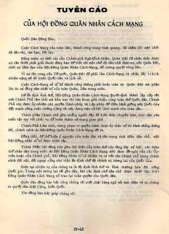 Tuyên cáo của Hội đồng Quân nhân Cách mạng (Proclamation of the Military Revolutionary Council), Republic of Vietnam, 1963