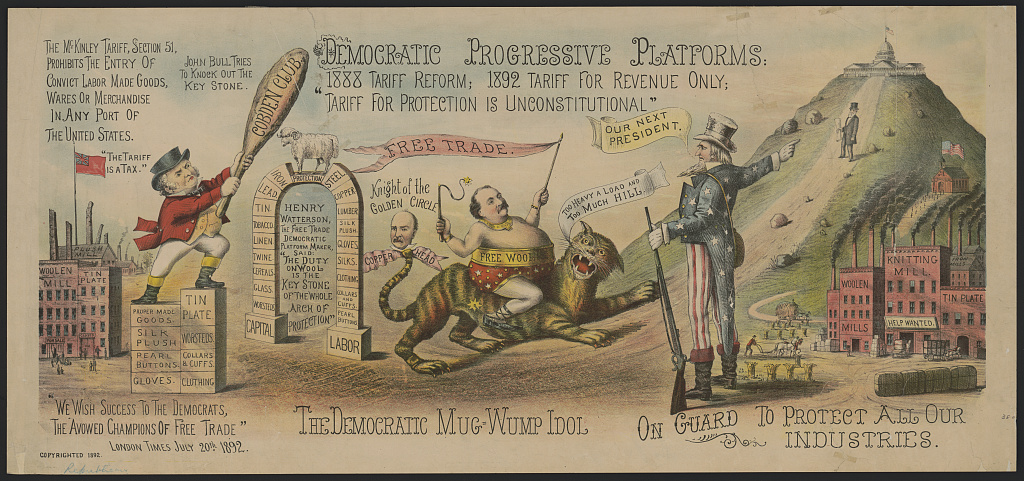 Colour lithograph titled Democratic Progressive Platforms, with a tiger labelled The Democratic Mug-wump Idol, John Bull with a Cobden Club club, and Uncle Sam on guard before mills