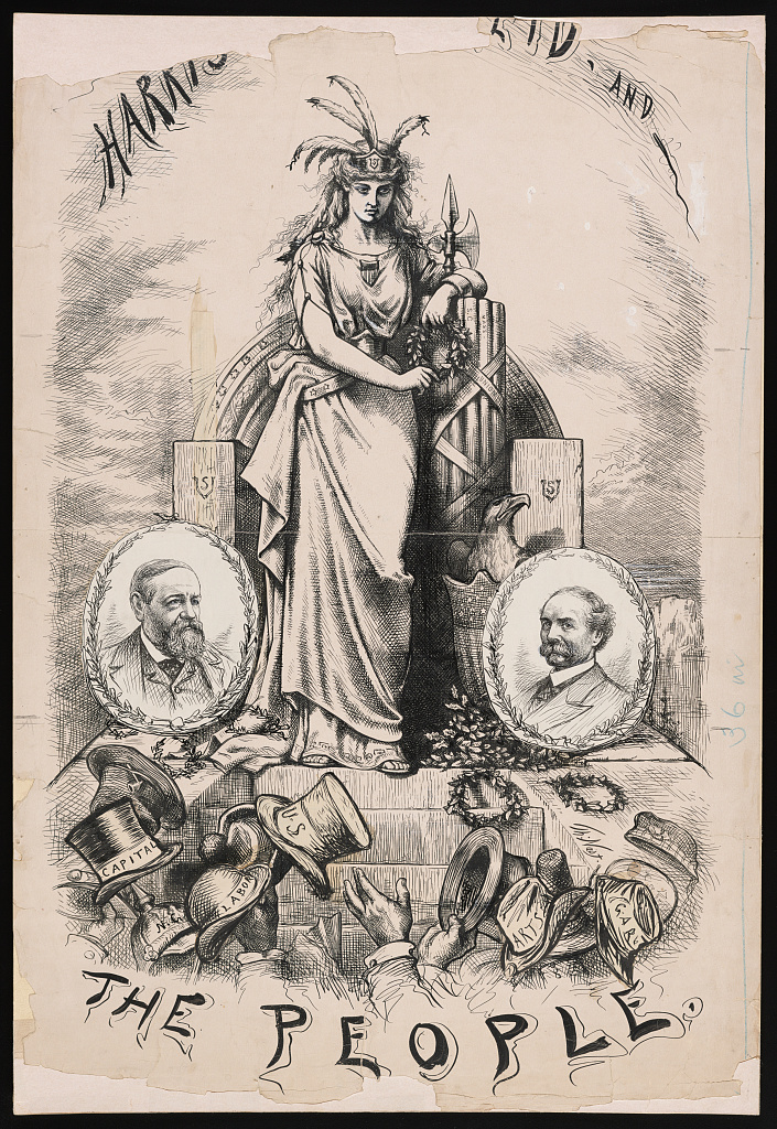 Thomas Nast drawing of Columbia before a throne and fasces, flanked by medallion portraits of Harrison and Reid, with hats labelled Capital, Labor and G.A.R. below