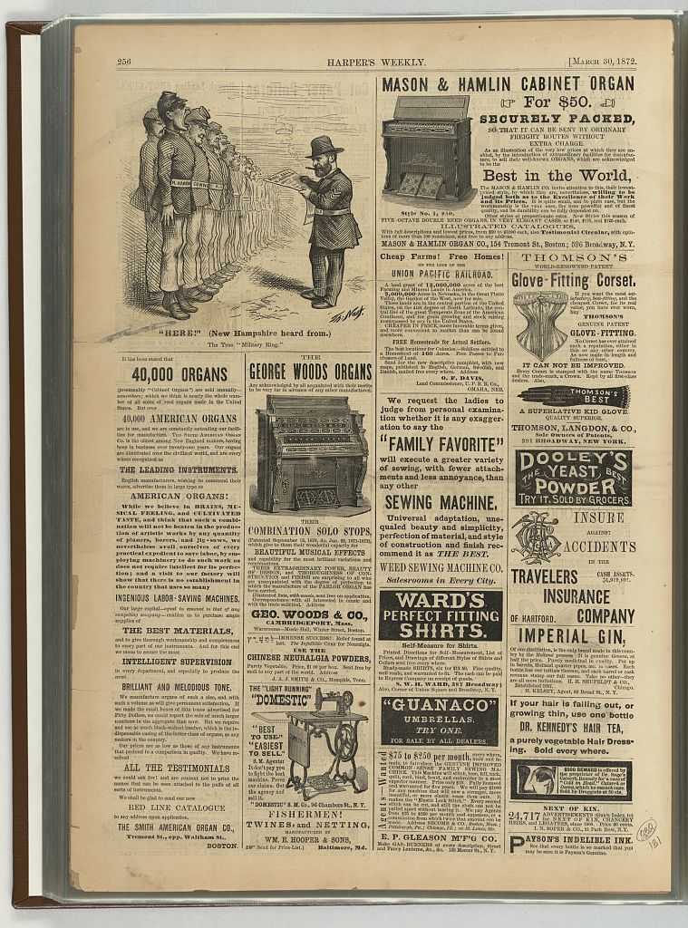 Harper's Weekly page of 30 March 1872 with a Nast cartoon of Grant calling a roll