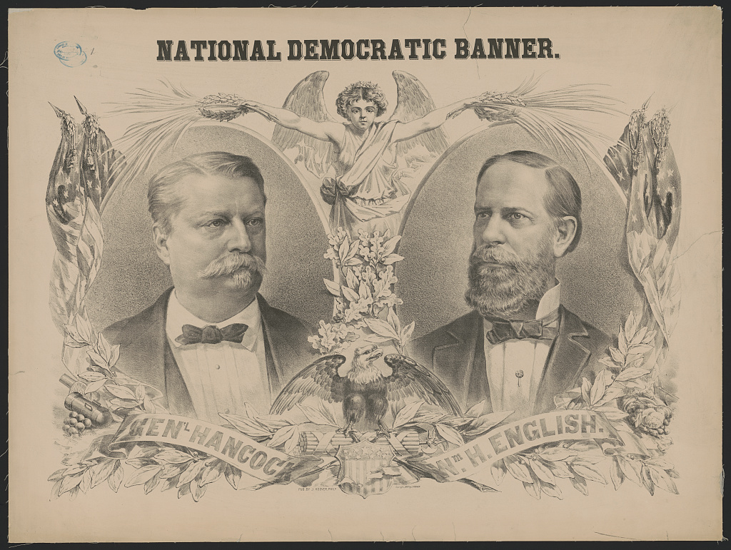 National Democratic Banner lithograph with portraits of Hancock and English, flags, an eagle and a winged figure