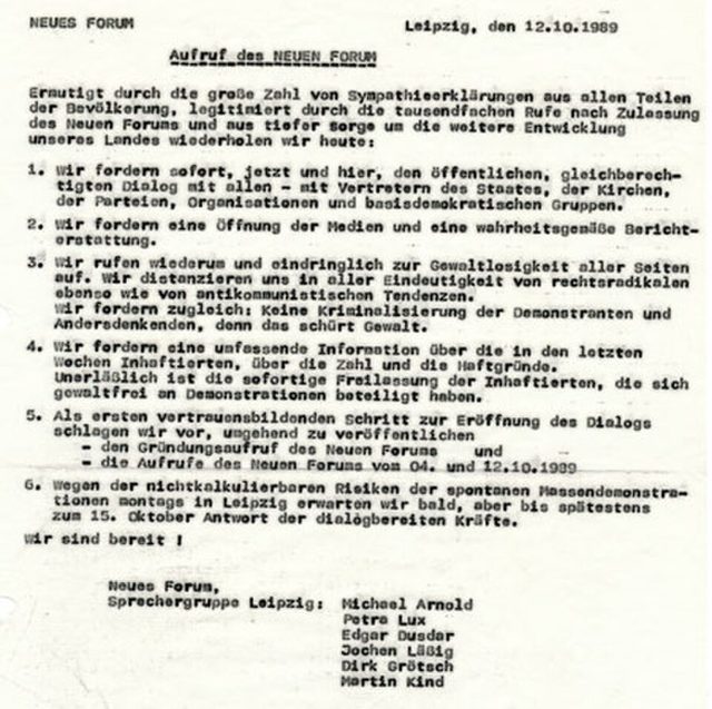 Neues Forum Leipzig, "Aufruf des Neuen Forum" (12 October 1989)