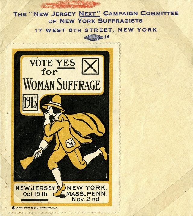 "Vote Yes for Woman Suffrage" poster stamp, New Jersey Next Campaign Committee (United States, 1915)