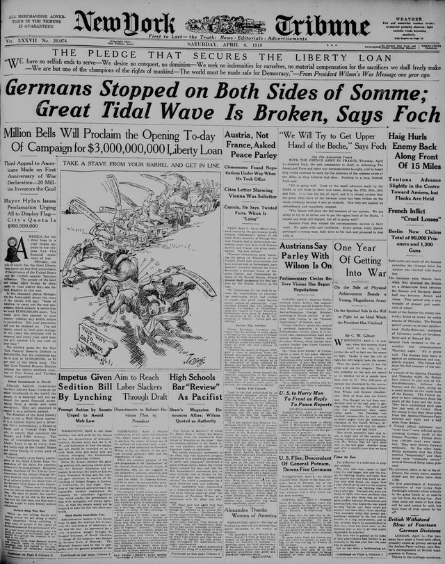 New-York Tribune, front page, Third Liberty Loan opening (New York, 6 April 1918)