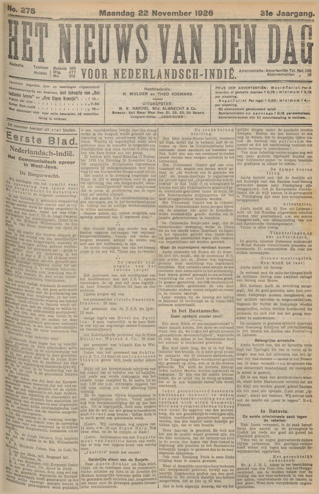 Het Nieuws van den Dag voor Nederlandsch-Indië, daily, front page (Batavia, 22 November 1926)