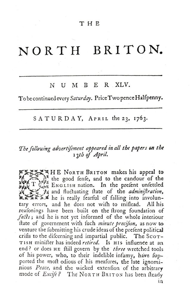 The North Briton, No. XLV, 23 April 1763 (John Wilkes), opening page