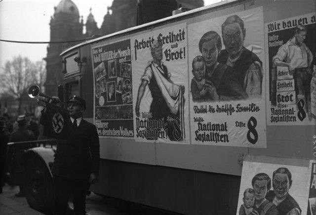 Arbeit, Freiheit und Brot! (NSDAP posters on a campaign lorry, Berlin)