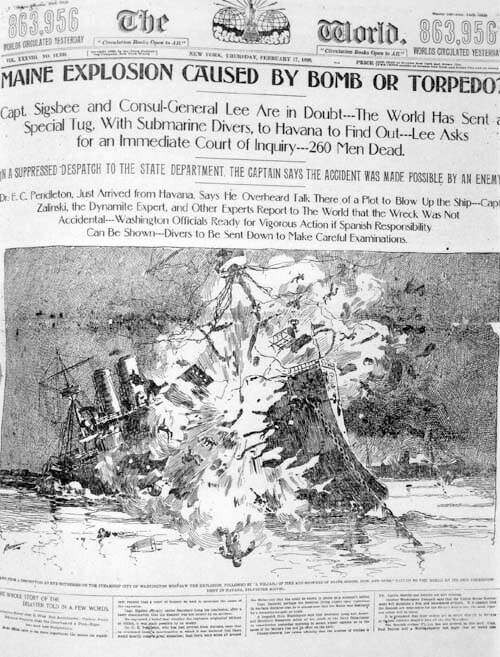 New York World, front page, 17 February 1898 (Maine explosion 'caused by bomb or torpedo')
