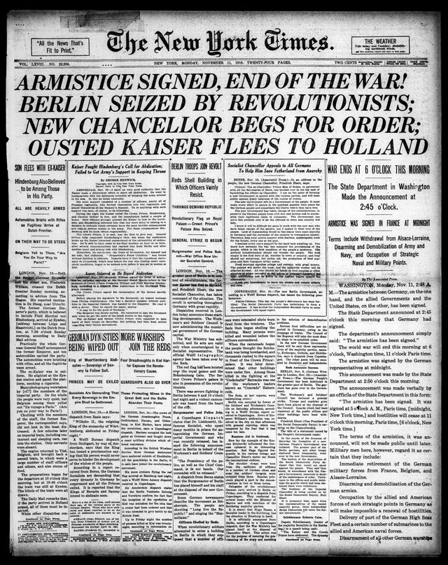 The New York Times, daily edition, front page (New York, 1918-11-11)