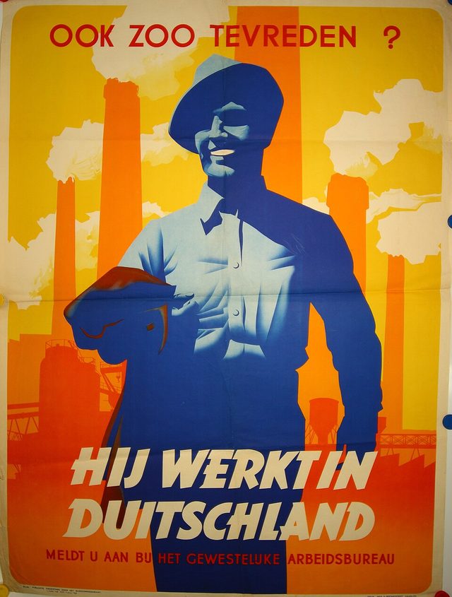 Ook zoo tevreden? Hij werkt in Duitschland (Just as satisfied? He works in Germany)