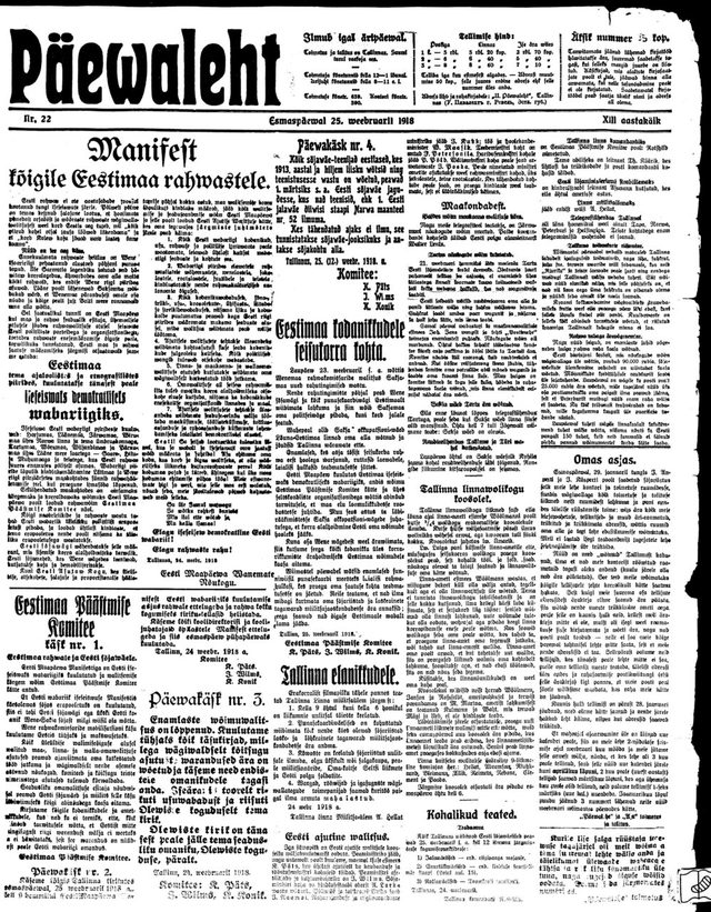 Päewaleht, front page (Tallinn, 25 February 1918): "Manifest kõigile Eestimaa rahwastele" (Manifesto to All the Peoples of Estonia)