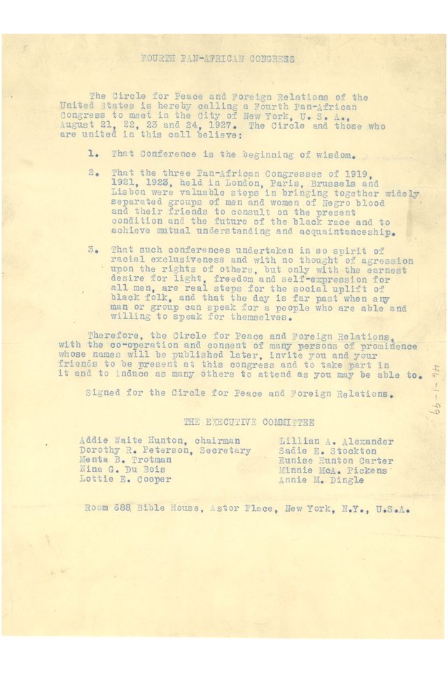 Call to the Fourth Pan-African Congress, New York (1927)