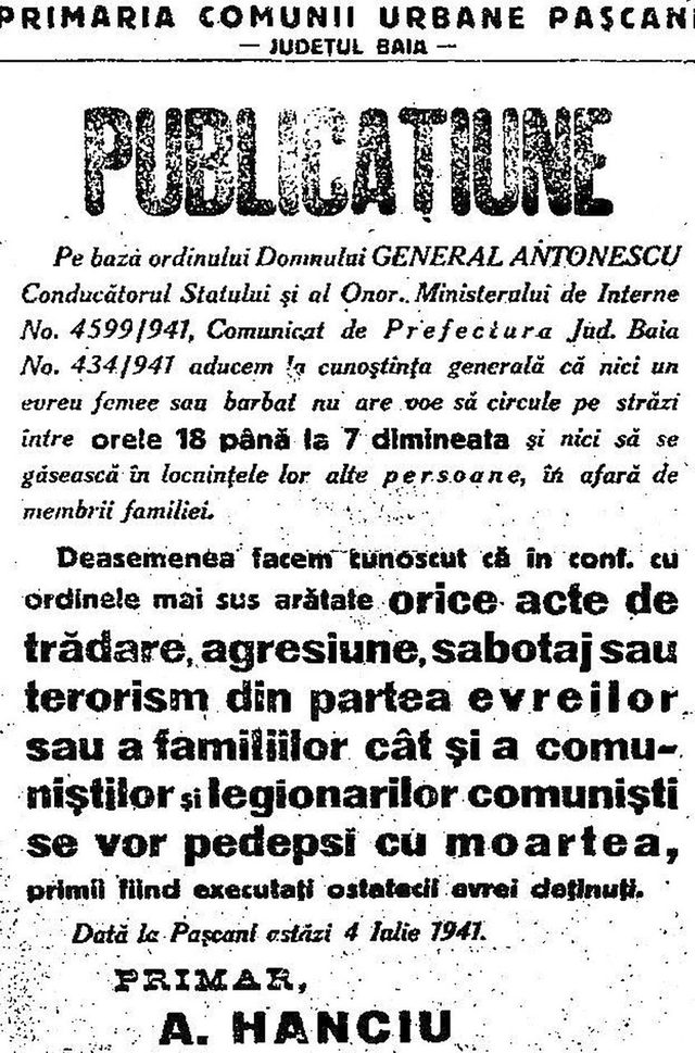"Publicațiune": Pașcani mayor's notice on a Jewish curfew and hostage executions, 4 July 1941