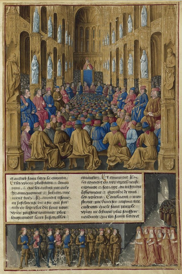 Miniature of Pope Urban II at the Council of Clermont, Les Passages d'outremer (BnF Fr. 5594, fol. 19r)