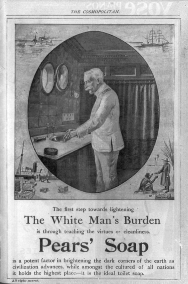 Pears' Soap: "The first step towards lightening the White Man's Burden" (Cosmopolitan advertisement, 1899)