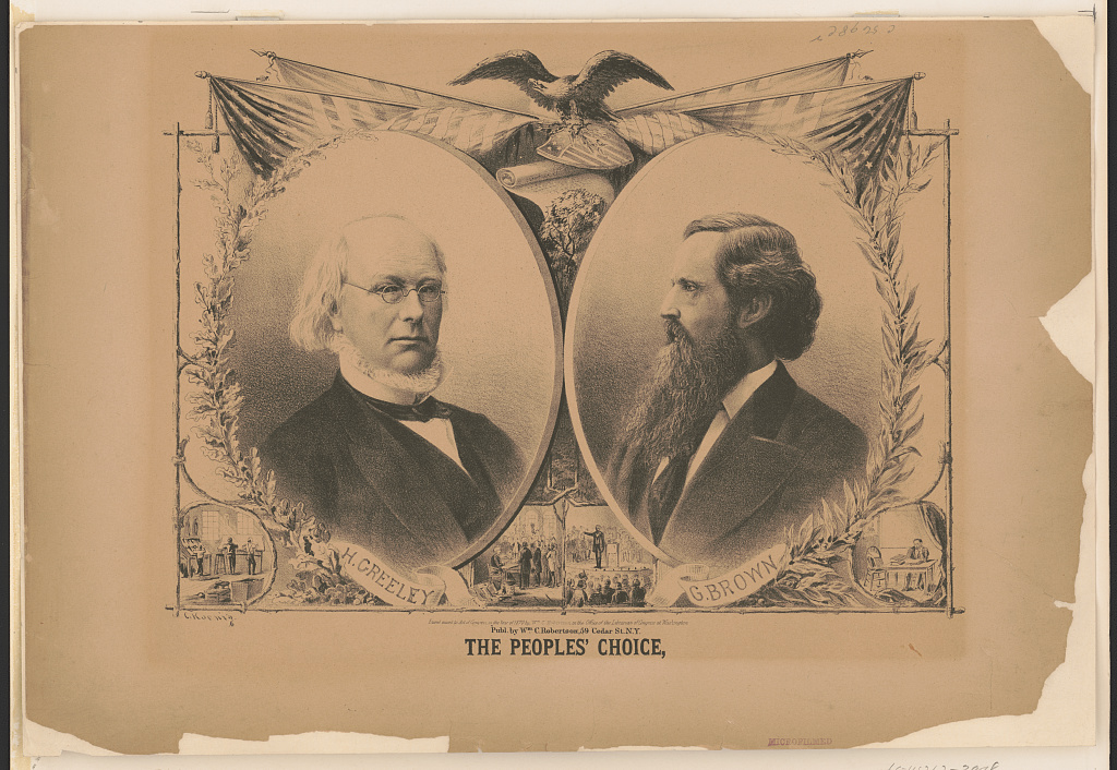 Print titled The Peoples' Choice with oval portraits of Greeley and Brown and scenes from their careers