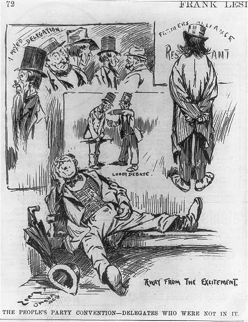 Line drawing from Frank Leslie's Illustrated Newspaper of People's Party convention delegates, including a figure labelled Farmers' Alliance seen from behind