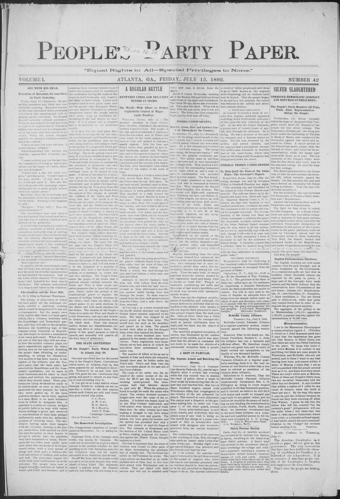 Front page of the People's Party Paper, Atlanta, 15 July 1892, with the headline Silver Slaughtered