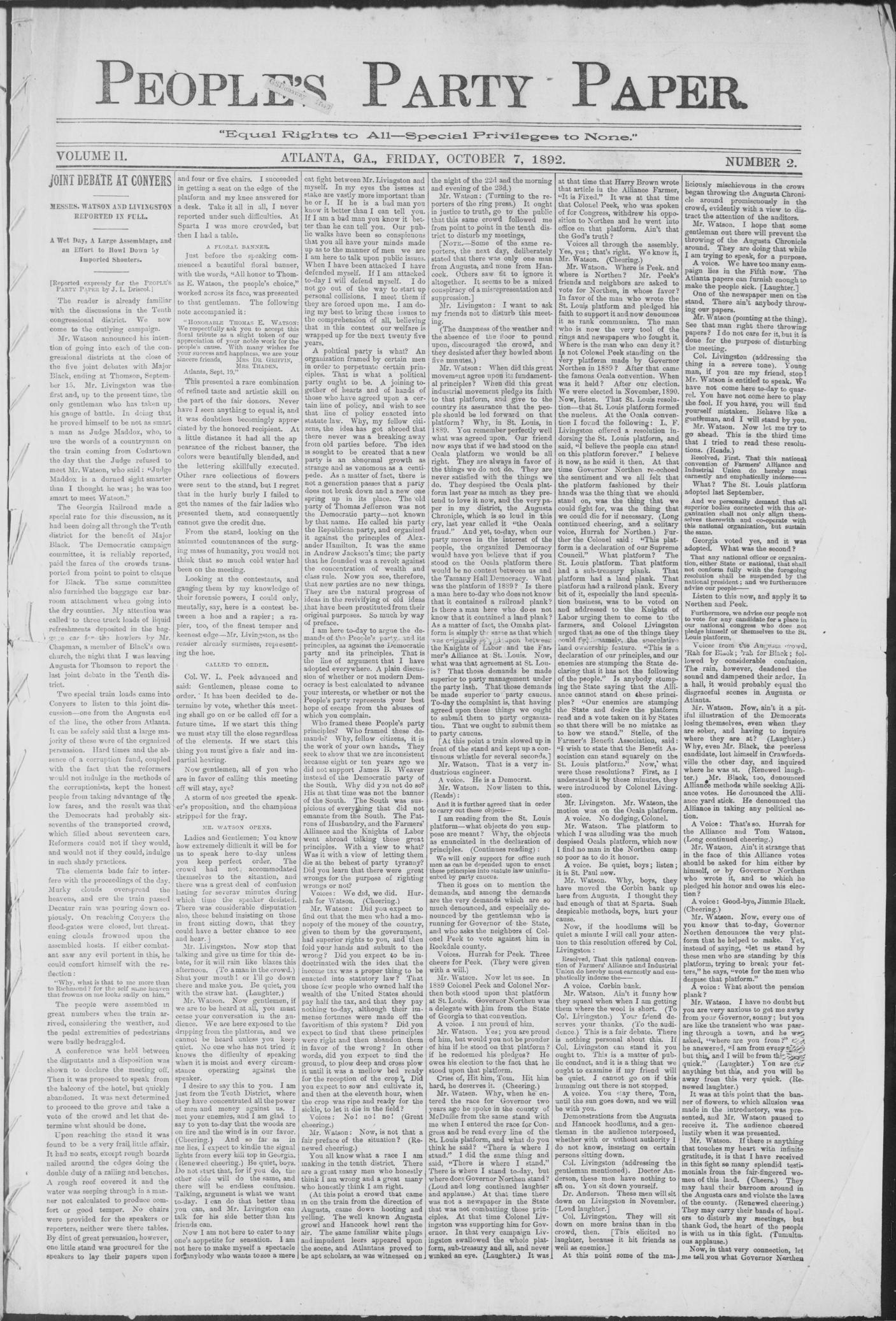 Front page of the People's Party Paper, Atlanta, 7 October 1892, reporting the Watson-Livingston joint debate at Conyers