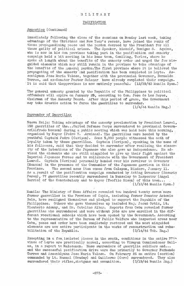 Radio Tokyo and Manila items on guerrilla amnesty and surrender, as monitored by the OSS (1943-44)