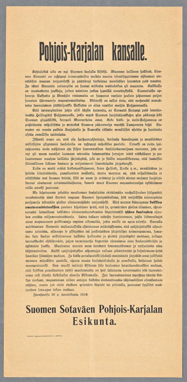 Pohjois-Karjalan kansalle (To the people of North Karelia): White staff proclamation, 30 January 1918
