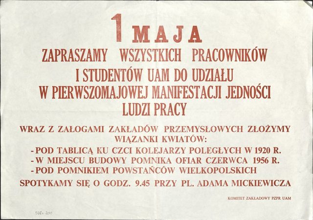 "1 Maja": PZPR works-committee invitation to the May Day march, Adam Mickiewicz University, Poznań