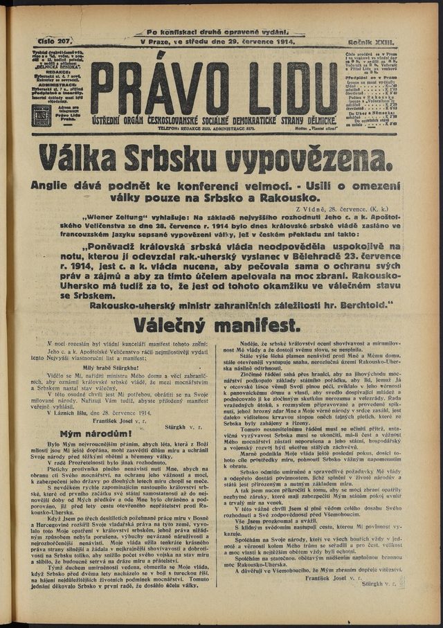 Právo lidu, no. 207, front page (Prague, 29 July 1914): "Válka Srbsku vypovězena" and "Válečný manifest"