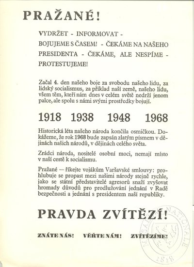 Pražané! (Praguers!): leaflet from the first days of the 1968 occupation