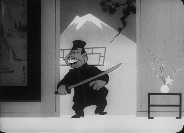 Private Snafu: Operation Snafu, frame of a sword-carrying Japanese soldier caricature