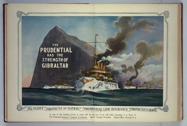 The fleet protects the nation - Prudential Life Insurance protects the home (Puck centerfold, 1909)