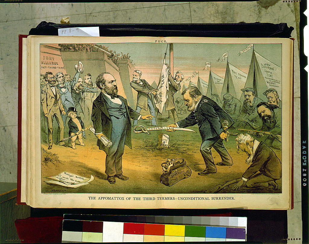 Puck cover showing Grant handing a sword marked third term imperialism to Garfield