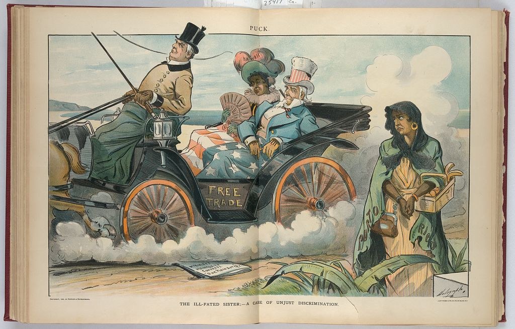 Puck cartoon of Uncle Sam and a woman labelled Hawaii riding in a carriage marked Free Trade past a woman labelled Porto Rico