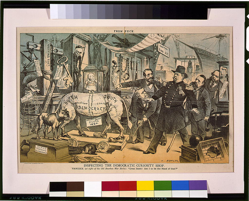 Puck cartoon of Hancock in a shop of Civil War and slavery curiosities facing a stuffed donkey labelled Democracy