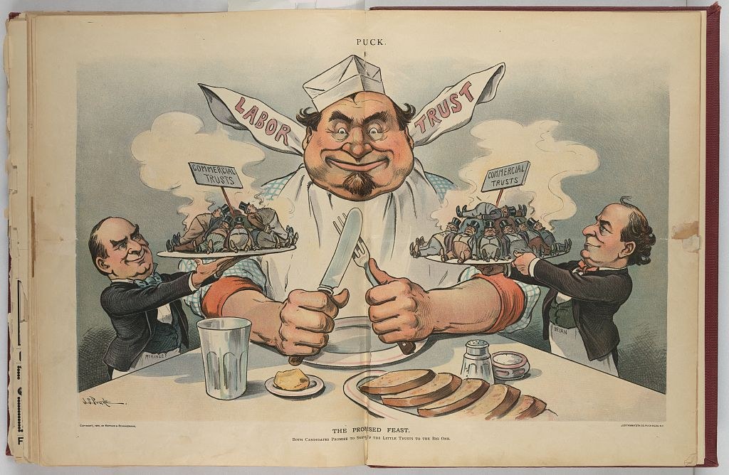 Puck cartoon of a cook labelled Labor Trust with McKinley and Bryan each serving plates of Commercial Trusts