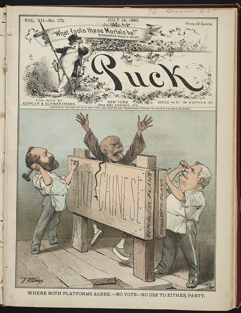 Puck cover with Garfield and Hancock nailing an Anti-Chinese board around a caricatured Chinese man