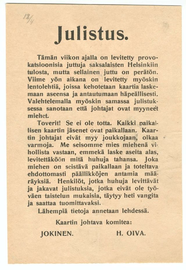 Julistus (Proclamation): Red Guard committee denies rumours and orders rumour-spreaders arrested