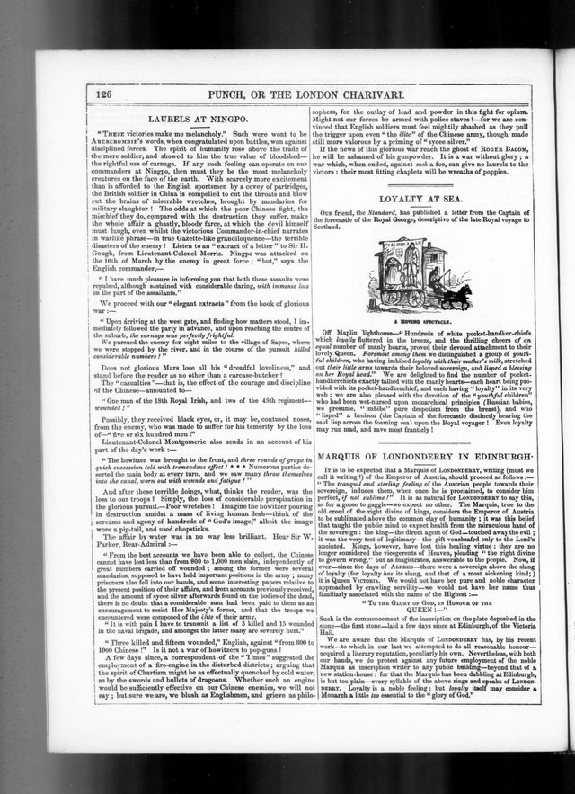 Punch, 'Laurels at Ningpo' column on the First Opium War, 1842