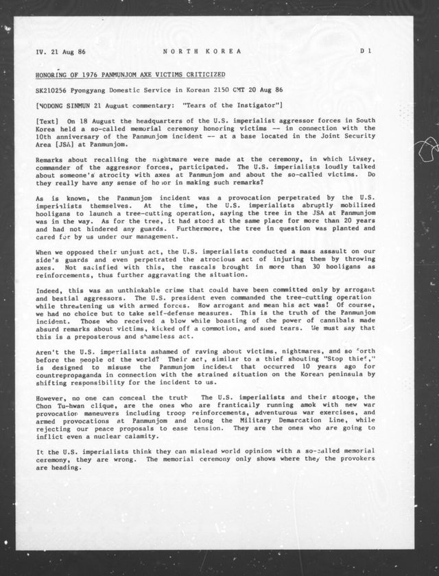 FBIS Daily Report: Nodong Sinmun commentary 'Tears of the Instigator' on the 1976 Panmunjom axe incident