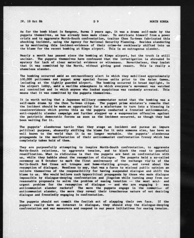 FBIS Daily Report: Pyongyang commentary calls the 1983 Rangoon bombing a 'drama self-made by the puppets'