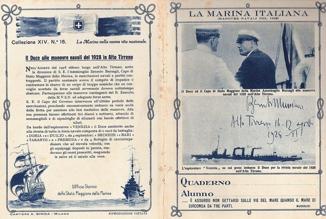 School copybook 'La Marina Italiana (Manovre navali del 1928)' with Mussolini and a printed slogan