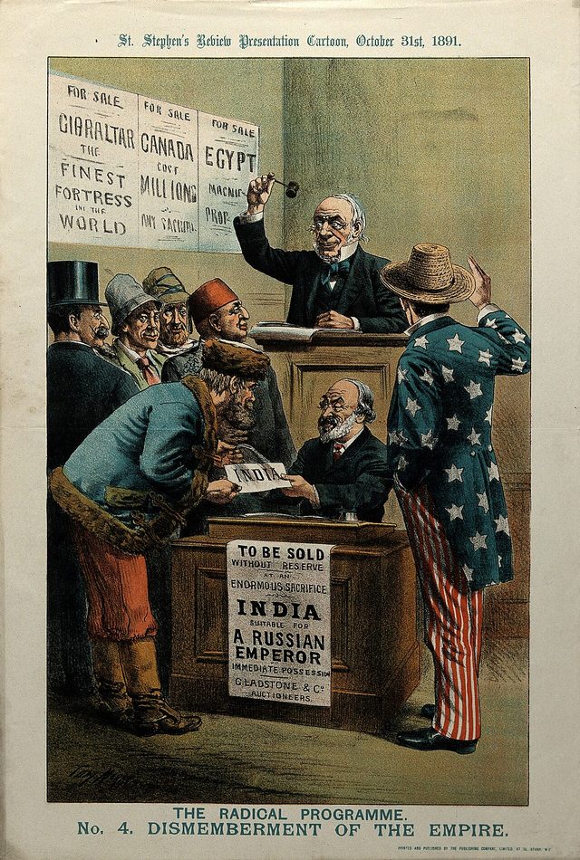 The Radical Programme, No. 4: Dismemberment of the Empire (Gladstone & Co. auction India), St Stephen's Review Presentation Cartoon