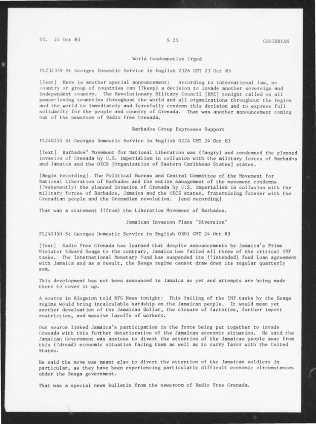 FBIS Daily Report: Radio Free Grenada bulletins on the expected invasion, including 'Jamaican Invasion Plans Diversion'