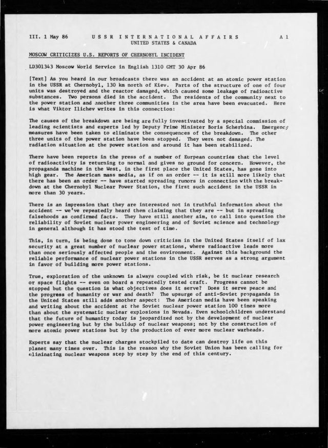 Radio Moscow World Service on the Chernobyl accident and U.S. reports, FBIS Daily Report, 1 May 1986