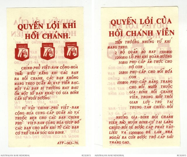 Quyền lợi khi hồi chánh (Benefits on Rallying), Chieu Hoi leaflet ATF-063-70
