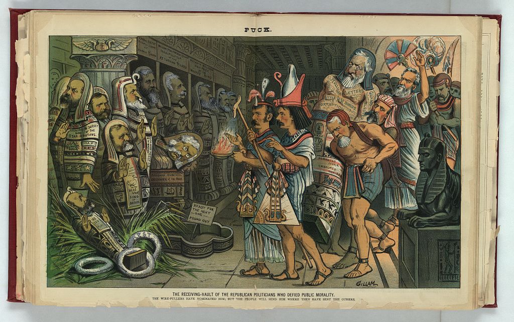 The receiving-vault of the Republican politicians who defied public morality, Puck, 11 June 1884