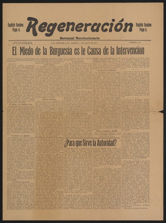 Regeneración, weekly, front page (Los Angeles, 11 July 1914)