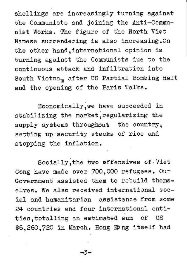 Republic of Vietnam: Special Issue on the National Day (Consulate General in Hong Kong, 1968), typescript page 3 on military, economic and social 'success'
