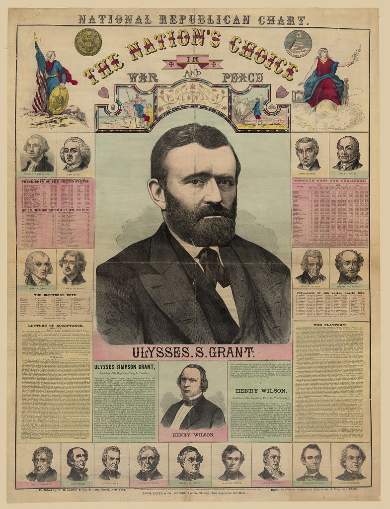 National Republican Chart with a large portrait of Ulysses S. Grant, a smaller one of Henry Wilson, the platform and past election tables