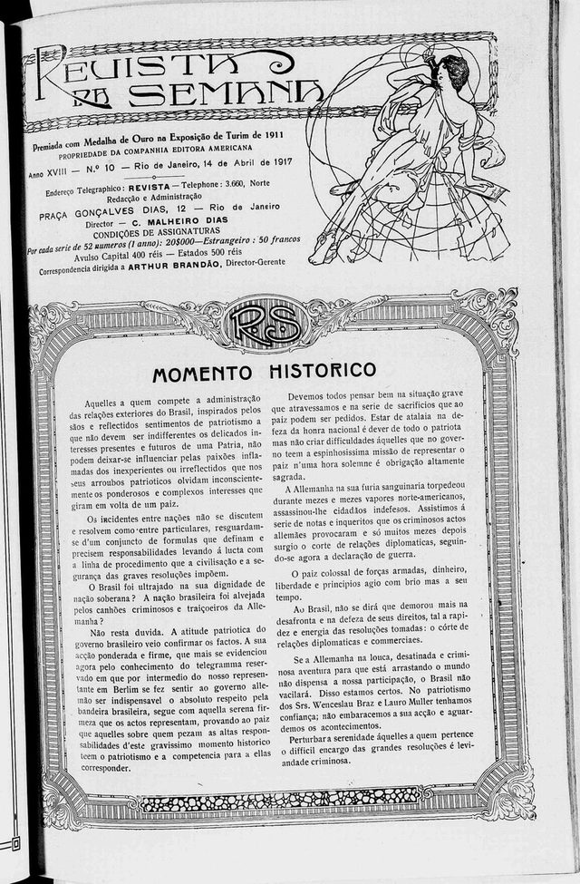Revista da Semana, weekly, article 'Momento historico' (Rio de Janeiro, 14 April 1917)
