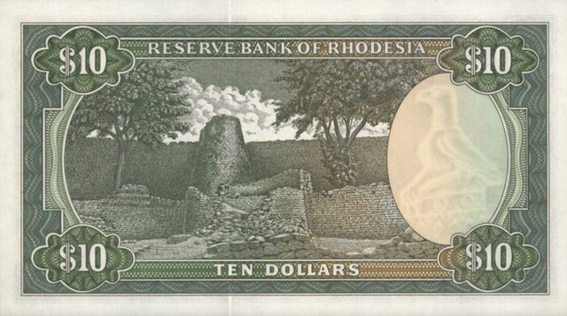 Reserve Bank of Rhodesia ten-dollar note, reverse with Great Zimbabwe (1979)